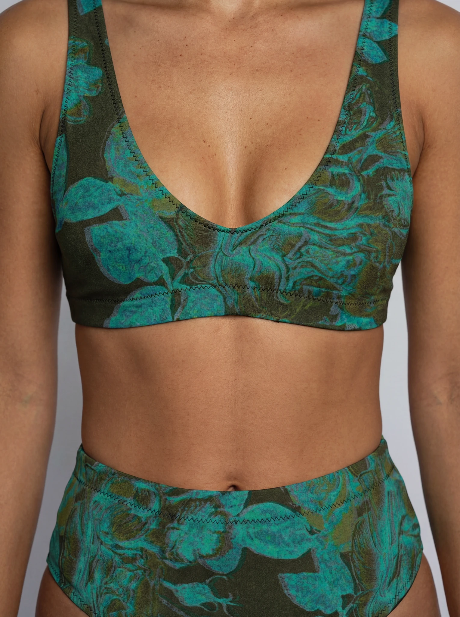 Thruster Top . Herbal Brew green, turquoise floral Sustainable Bikini, Carbon Negative, UV-protective performance swimwear by Blis.Surf Chicago